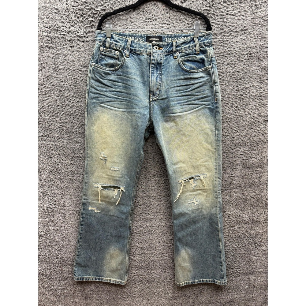 Haonanhuang Denim Culture Distressed Straight Leg Denim Jeans Mens Size L